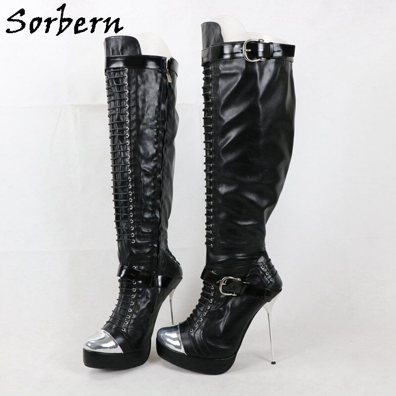 Sorbern Fashion Knee High Boots Stilettos High Heels Platform Long Boot Lace Up Thigh High Boots Woman Shoes Big Size 16