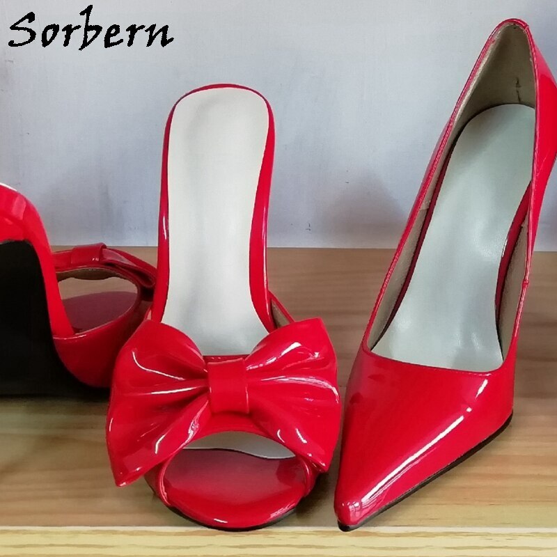 Sorbern Red Shiny Women Slippers Open Toe Summer Style Bowknow Female Slides Mature Stilettos Party Footwear Custom Colors