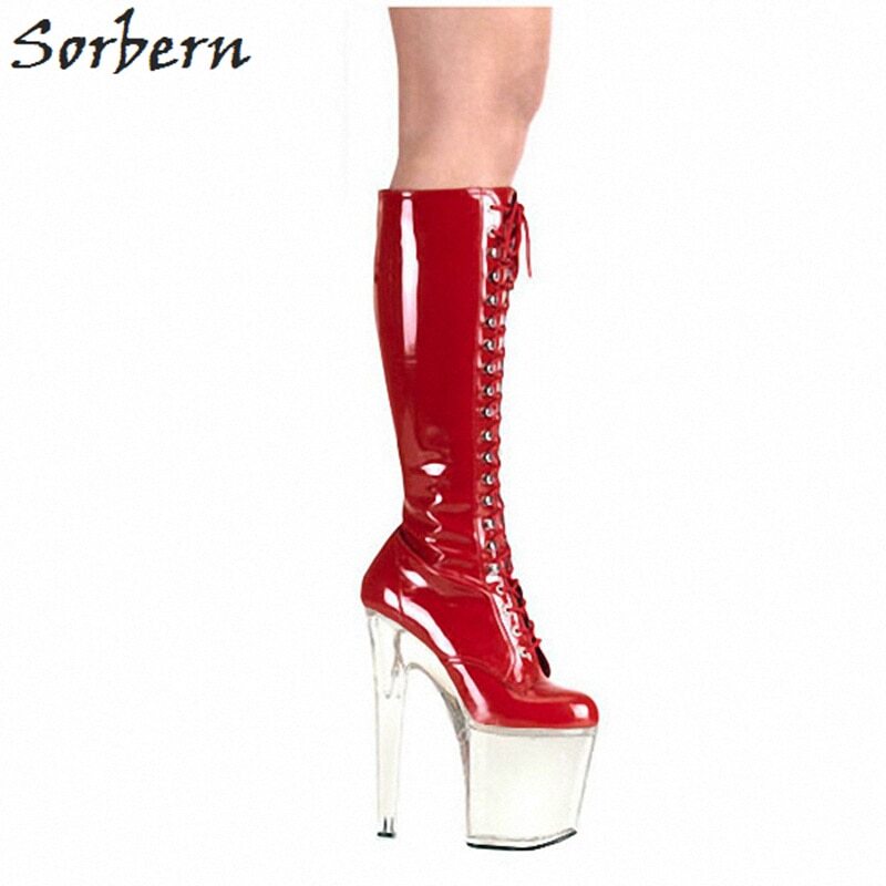 Sorbern 20Cm Transparent Spike High Heels Women Boots Knee High Thick Platform Clear Heels Botas Femeninas Largas New Arrival