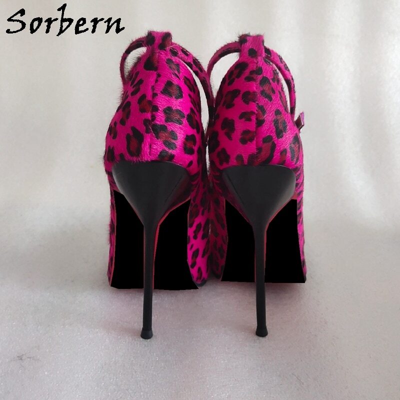 Sorbern Hot Pink Leopard Women Pump Shoes Mature Narrow Ankle Strap Pointed Toe Size 39 Lady Shoe 14Cm Metal Heels Custom Color