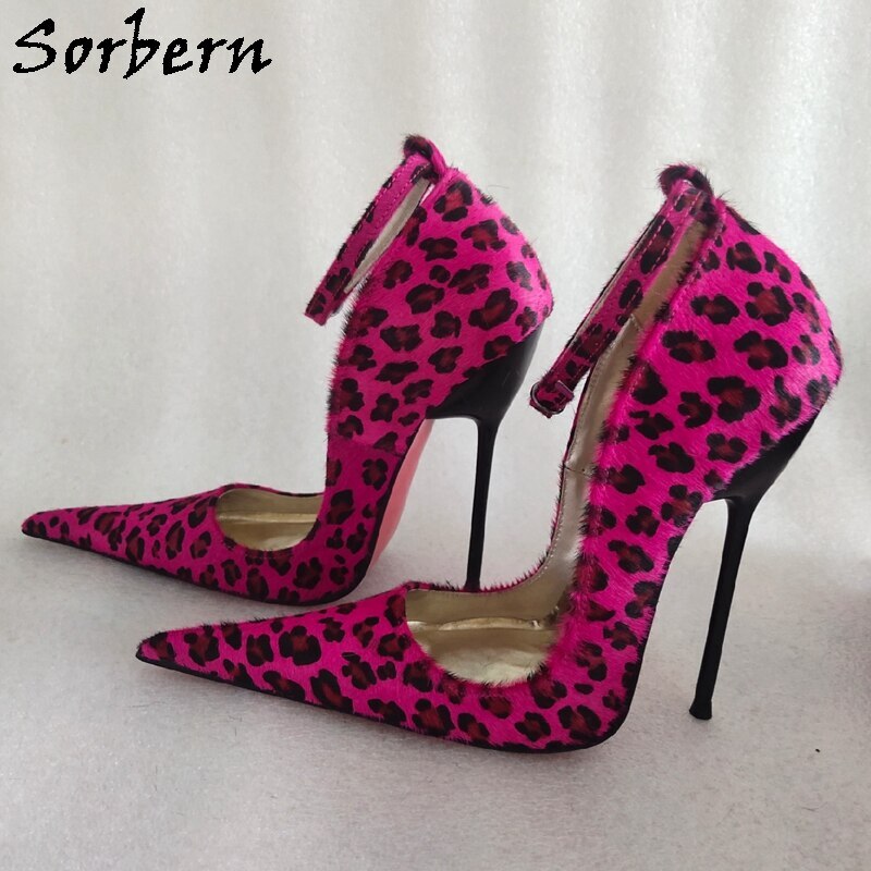 Sorbern Hot Pink Leopard Women Pump Shoes Mature Narrow Ankle Strap Pointed Toe Size 39 Lady Shoe 14Cm Metal Heels Custom Color