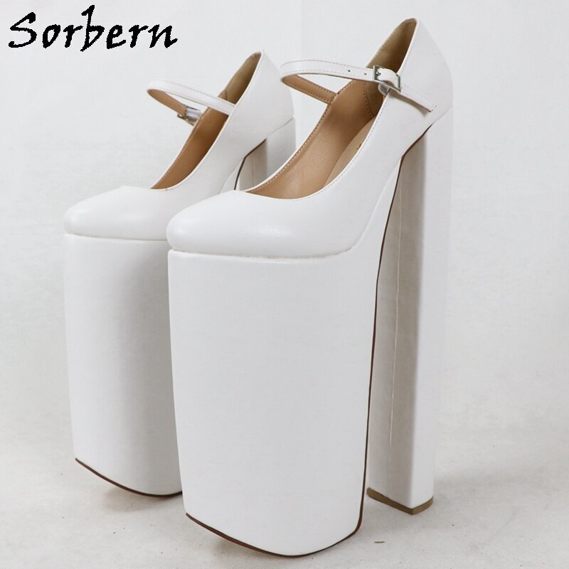 Sorbern White Mary Janes Ladies Pump Block High Heels Thick Platform Drag Queen Pump Heels Female Shoes Unisex Custom Service
