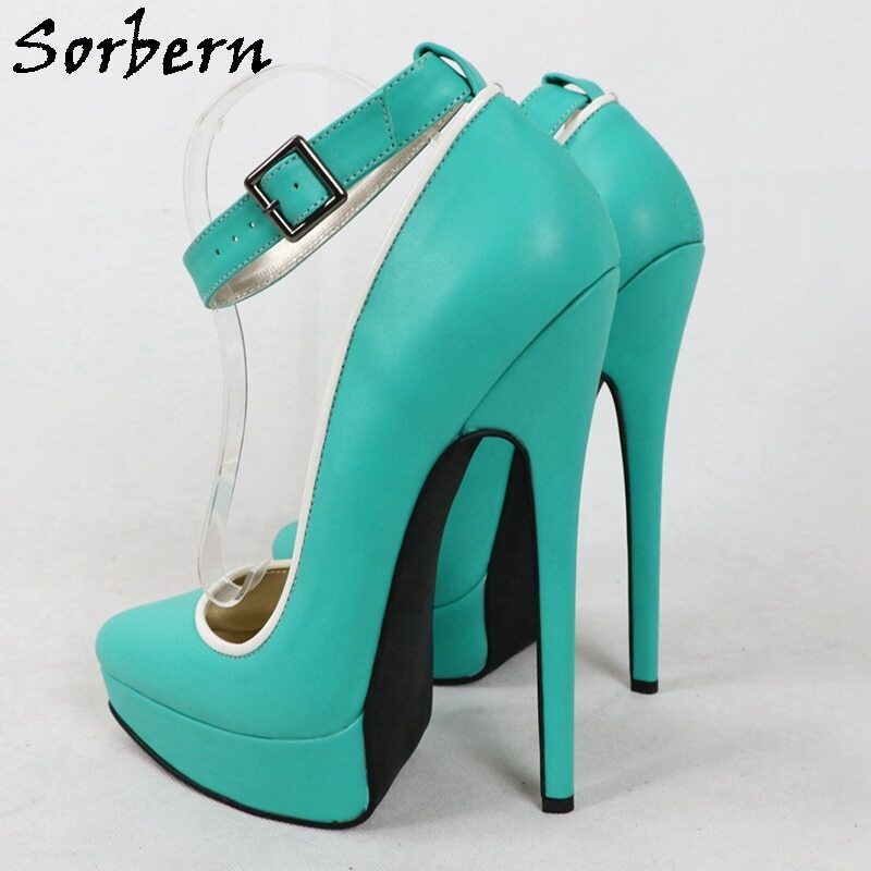 Sorbern Mint Green Women Pump Shoes Ankle Strap White Trim Platform Pointy Toe Shoe Ladies 20Cm High Heel Pumps