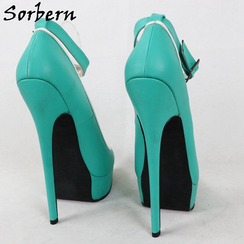 Sorbern Mint Green Women Pump Shoes Ankle Strap White Trim Platform Pointy Toe Shoe Ladies 20Cm High Heel Pumps