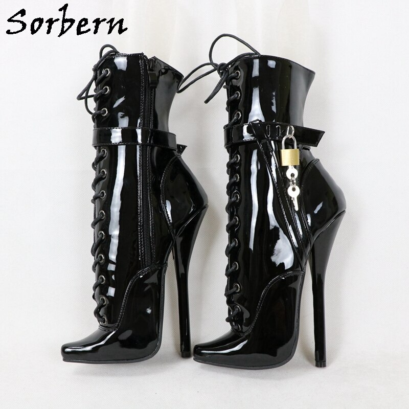 Round Toe Stiletto Heels Gothic Lace Up Three Belt Buckle Straps Platforms Ankle Highs Boots - Black Pink by Sexy Shoes