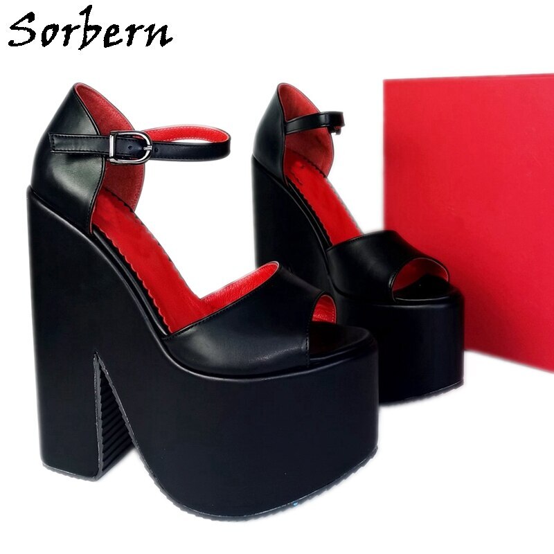 Sorbern Block Comfortable Women Sandals Ankle High Open Toe Black And Red Drag Queen