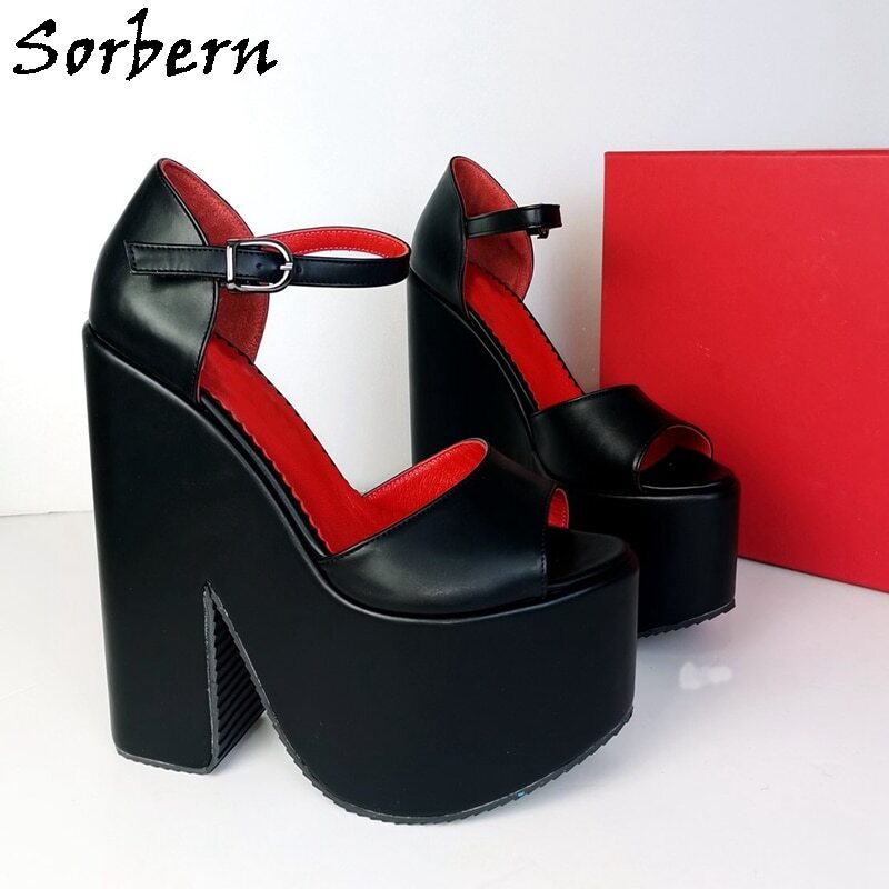 Sorbern Block Comfortable Women Sandals Ankle High Open Toe Black And Red Drag Queen