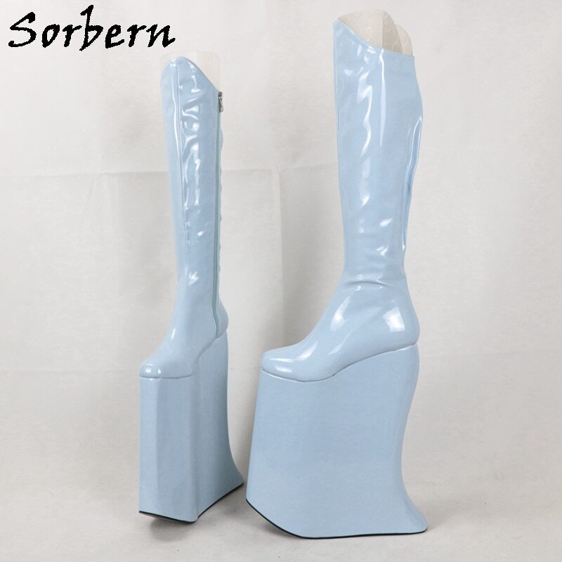 Sorbern Knee Drag Queen Style Boot Patent Black Leather Punitive Wedges High Heel Shoes 15Cm To 40Cm Crossdreser Boots Custom