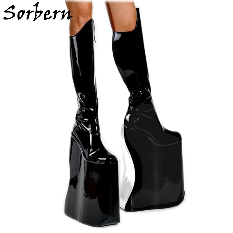 Sorbern Knee Drag Queen Style Boot Patent Black Leather Punitive Wedges High Heel Shoes 15Cm To 40Cm Crossdreser Boots Custom