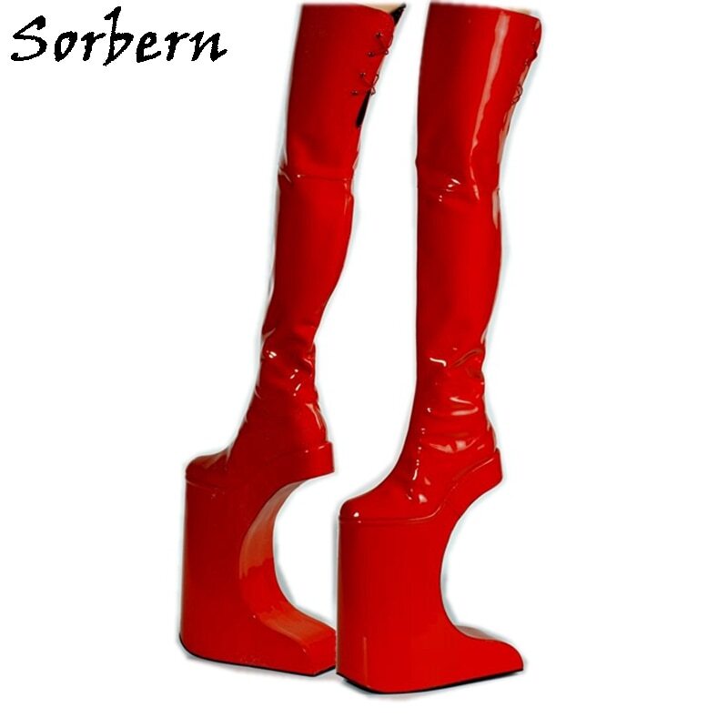 Sorbern Unique Dragqueen Boot With Halfmoon Heels Red Patent Punitive Thick Platform Shoes Custom