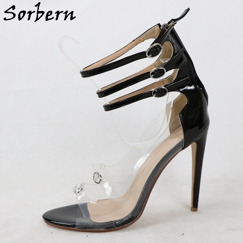 Sorbern Big Size 46 Women Sandals Transparent Plastic Open Toe Buckle Triple Ankle Straps High Heel Stilettos 12Cm Custom