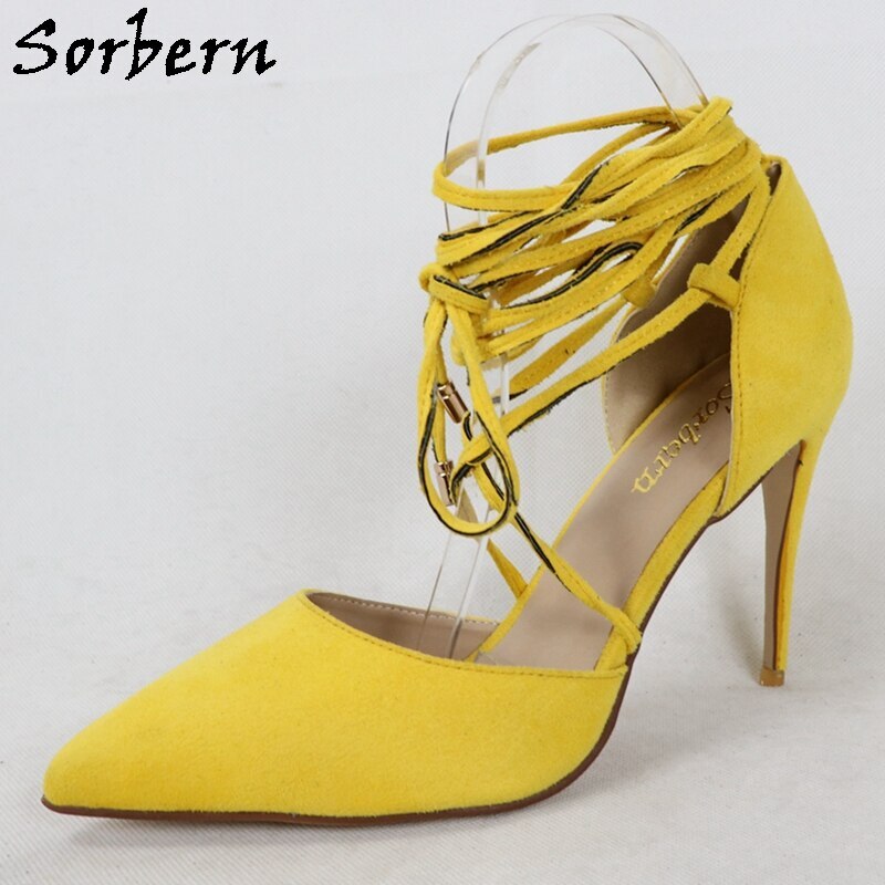 Sorbern Yellow Ankle Gladiator Style Pump Women Shoes High Heel Stilettos Pointed Toe Faux Suede Mature Style Pump Heeled