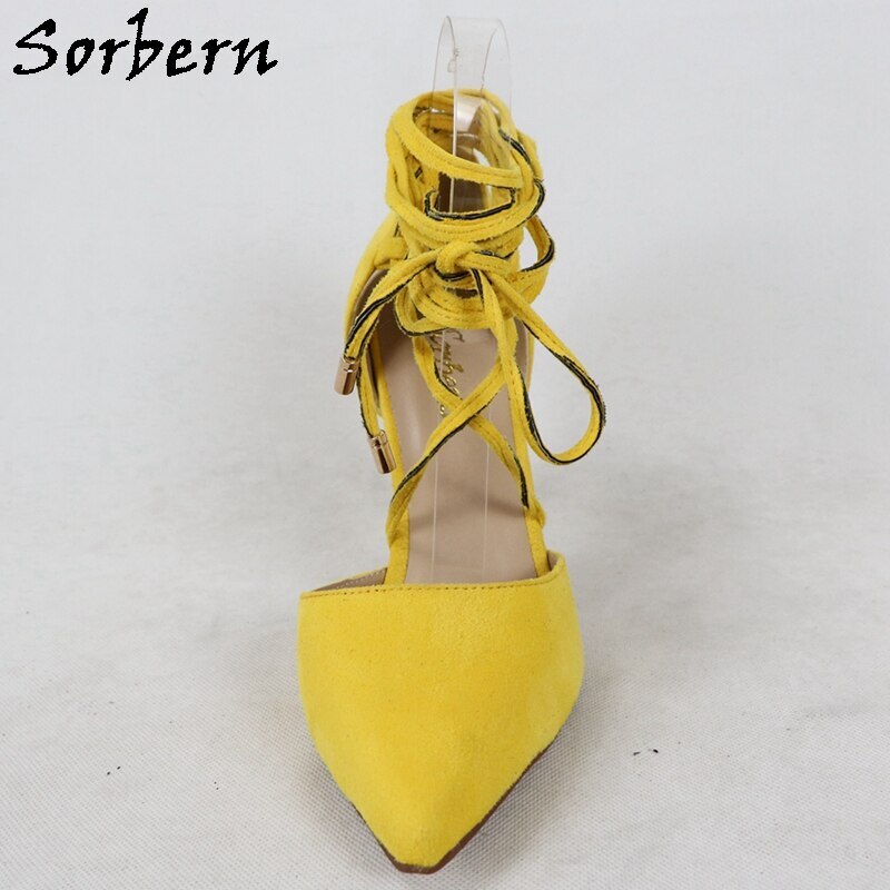 Sorbern Yellow Ankle Gladiator Style Pump Women Shoes High Heel Stilettos Pointed Toe Faux Suede Mature Style Pump Heeled