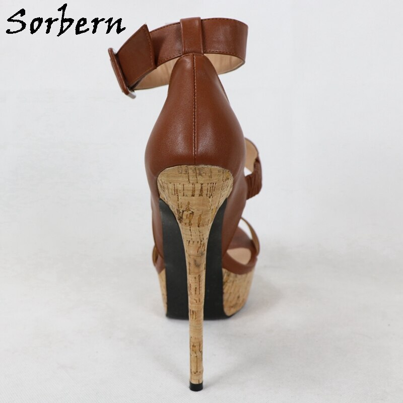 Sorbern Deep Brown Women Sandals Cork Style Platform Thin Heel Summer Shoe Ankle Straps Buckles Big Size 42 Stilettos Sandals