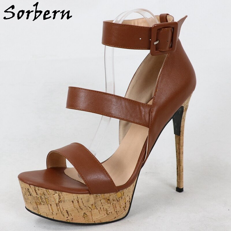 Sorbern Deep Brown Women Sandals Cork Style Platform Thin Heel Summer Shoe Ankle Straps Buckles Big Size 42 Stilettos Sandals