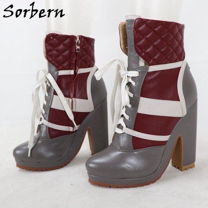 Sorbern Customized Ankle Boots Wedges Lace Up Block High Heel Platform Rubber Sole Lace Up Grey Wine Red Unisex Booties New