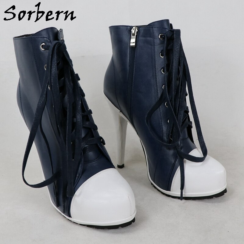Sorbern Navy Blue Sneaker High Heel Lace Up Ankle Boots For Women Platform Shoes White Booties Stilettos Round Toe Size 42