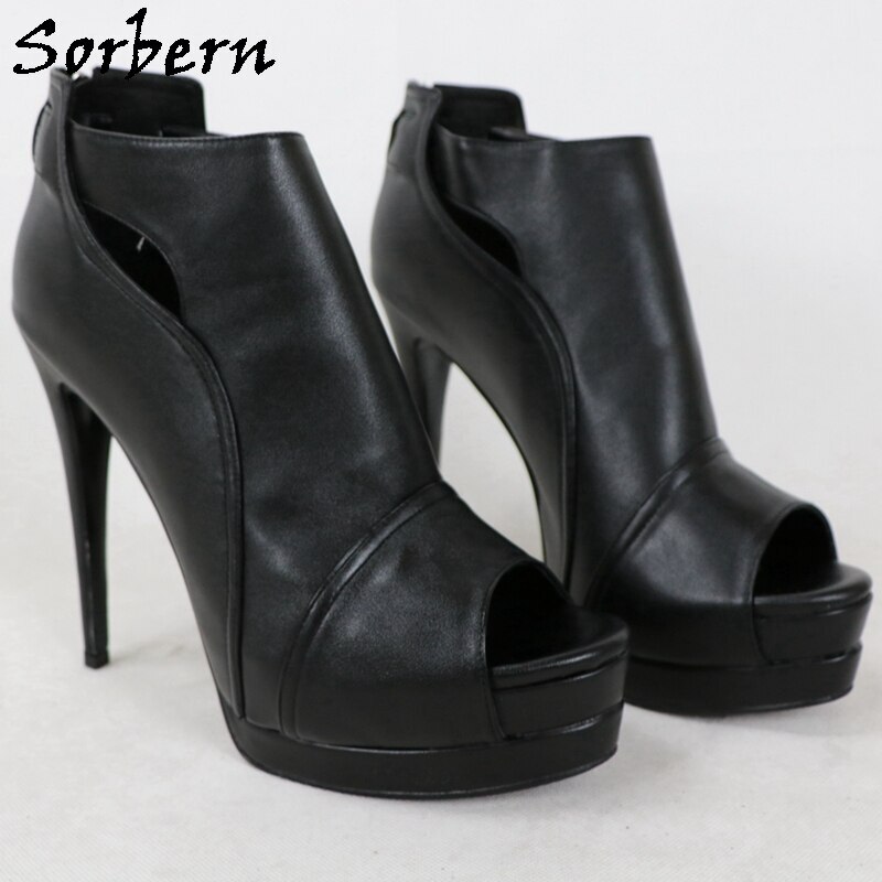 Sorbern Open Toe Women Pump Shoes High Heel Back Zipper Stilettos Platform Shoes Hollow Out Ankle High Lady Shoes Big Size 42