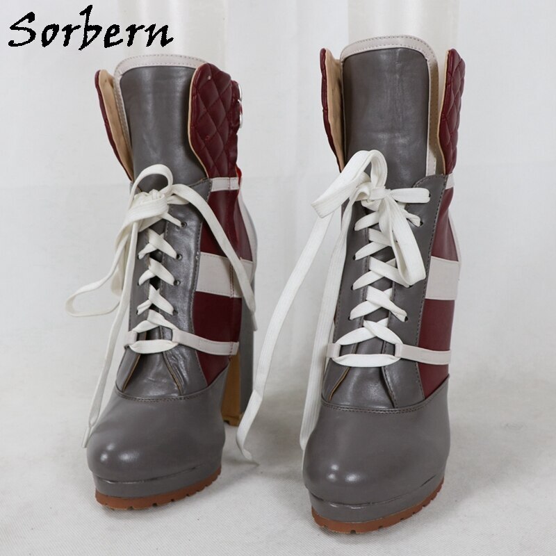 Sorbern Customized Ankle Boots Wedges Lace Up Block High Heel Platform Rubber Sole Lace Up Grey Wine Red Unisex Booties New