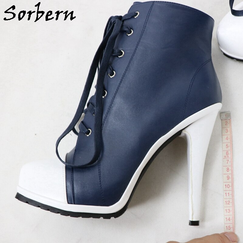 Sorbern Navy Blue Sneaker High Heel Lace Up Ankle Boots For Women Platform Shoes White Booties Stilettos Round Toe Size 42