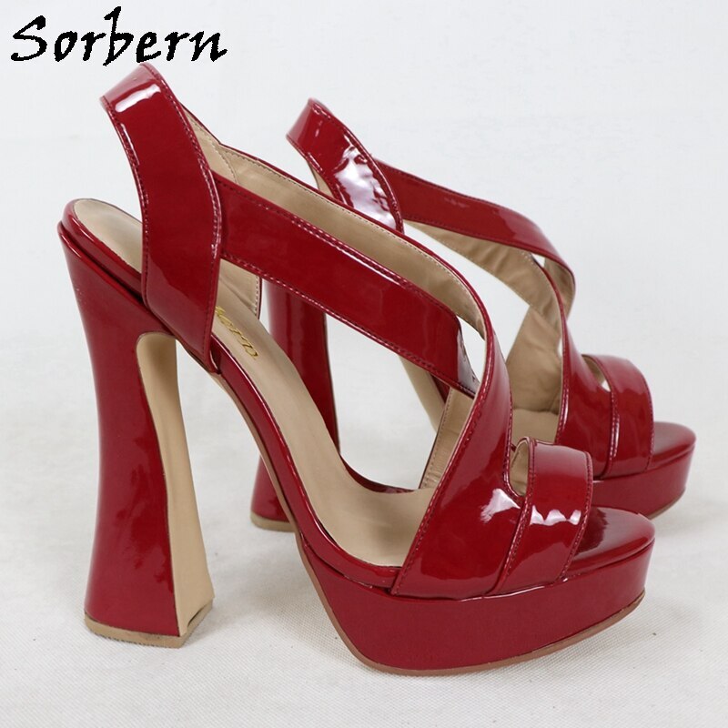 Sorbern Red Shiny Women Sandals Special Block Heel Summer Style Shoes Unisex Cross Straps