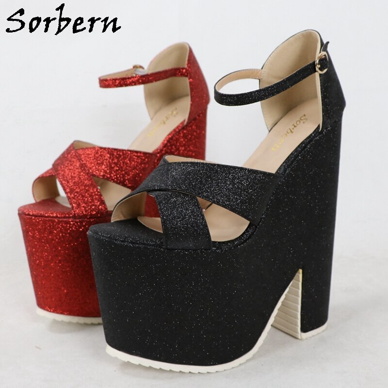 Sorbern Blingbling Glitter Women Sandals Thick Platform Block High Heels Ankle Straps Ladies Shoes Summer Style Open Toe Custom