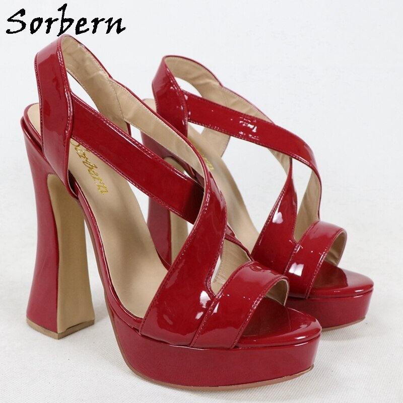 Sorbern Red Shiny Women Sandals Special Block Heel Summer Style Shoes Unisex Cross Straps