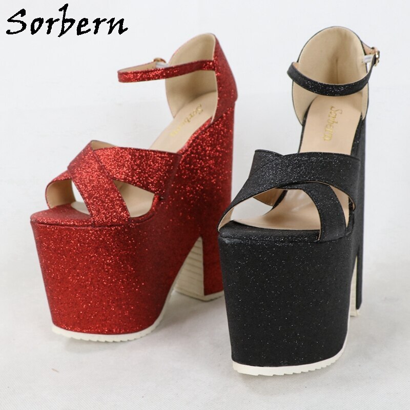 Sorbern Blingbling Glitter Women Sandals Thick Platform Block High Heels Ankle Straps Ladies Shoes Summer Style Open Toe Custom