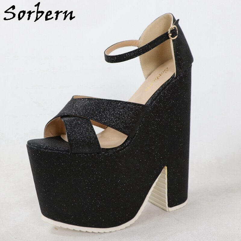 Sorbern Blingbling Glitter Women Sandals Thick Platform Block High Heels Ankle Straps Ladies Shoes Summer Style Open Toe Custom