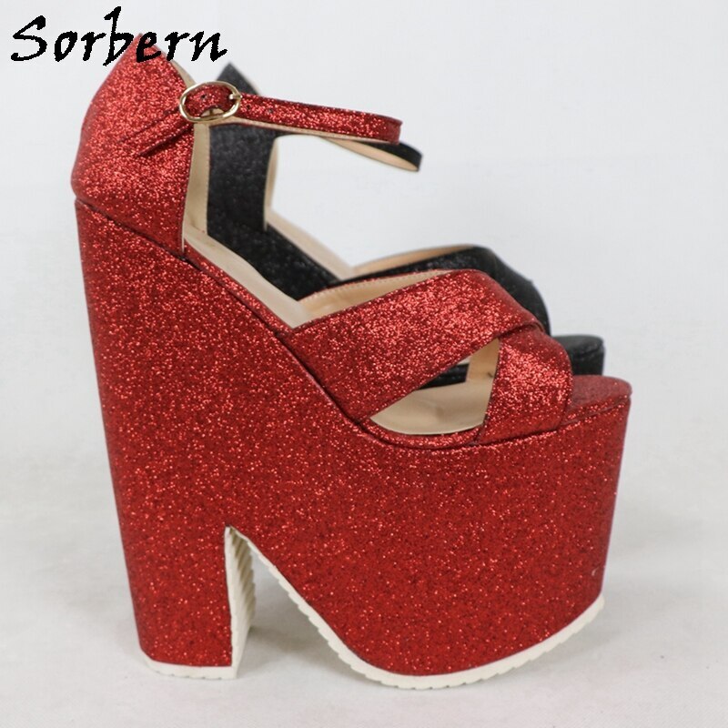 Sorbern Blingbling Glitter Women Sandals Thick Platform Block High Heels Ankle Straps Ladies Shoes Summer Style Open Toe Custom