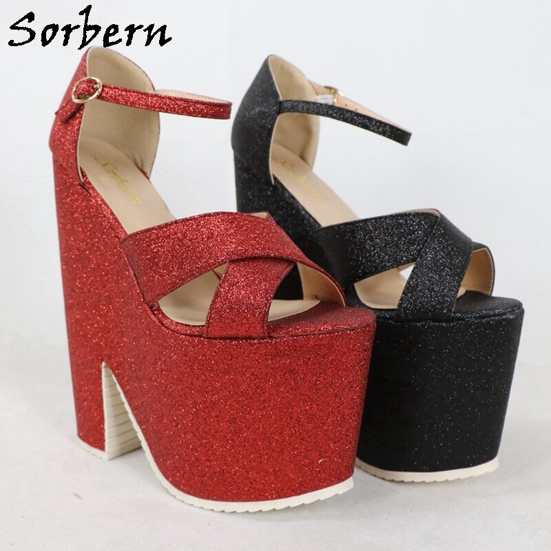 Sorbern Blingbling Glitter Women Sandals Thick Platform Block High Heels Ankle Straps Ladies Shoes Summer Style Open Toe Custom