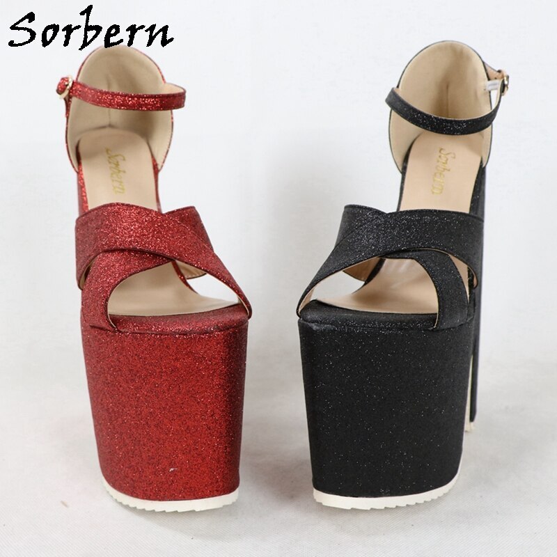 Sorbern Blingbling Glitter Women Sandals Thick Platform Block High Heels Ankle Straps Ladies Shoes Summer Style Open Toe Custom
