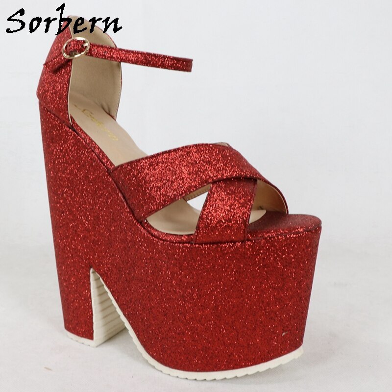 Sorbern Blingbling Glitter Women Sandals Thick Platform Block High Heels Ankle Straps Ladies Shoes Summer Style Open Toe Custom