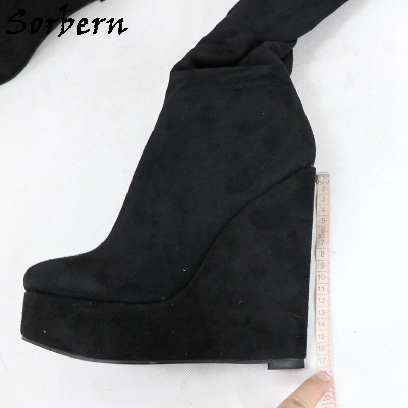 Sorbern Black Knee High Boots Women Narrow Heel Platform High Heels Lady Boots Winter Plush Lining Custom Wedge Heels