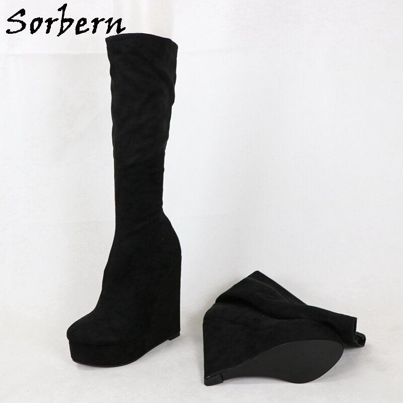 Sorbern Black Knee High Boots Women Narrow Heel Platform High Heels Lady Boots Winter Plush Lining Custom Wedge Heels
