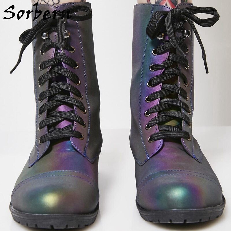 Sorbern Black Reflective Boots Women Ankle High Low Hoof Heel Round Toe Lace Up Martin Boots Made-To-Order Booties Unisex