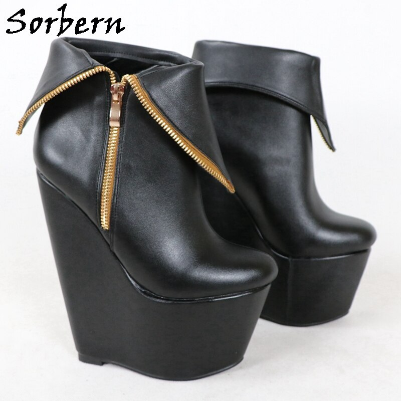 Sorbern Black Matt Ankle Boots Wedges 18Cm High Heel Thick Platform Shoes Zip Up Fall Style Stilettos Customized Booties Size 36