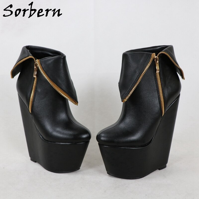 Sorbern Black Matt Ankle Boots Wedges 18Cm High Heel Thick Platform Shoes Zip Up Fall Style Stilettos Customized Booties Size 36