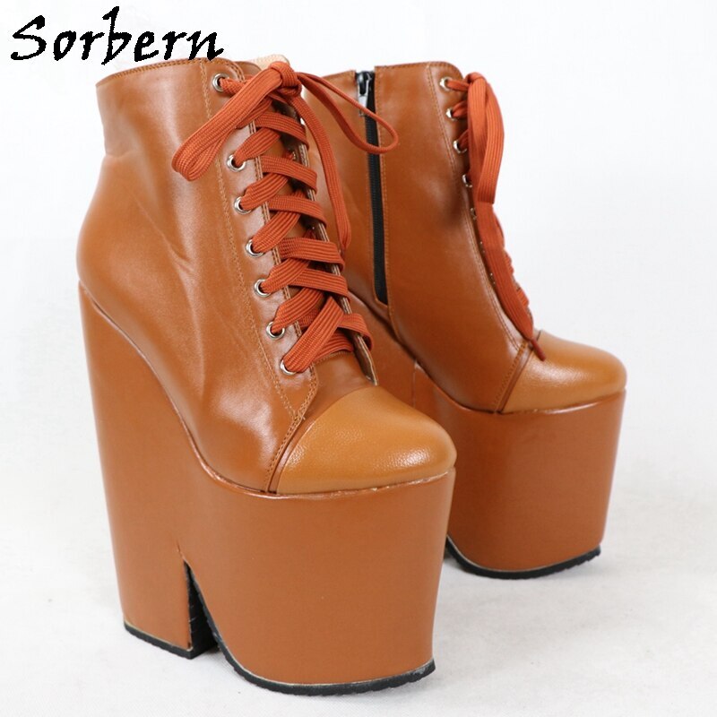 Sorbern Block Heel Ankle Boots Brown Thick Platform Shoe Lace Up Ankle High Booties Unisex 20Cm Gothic Trendy Shoes Customized