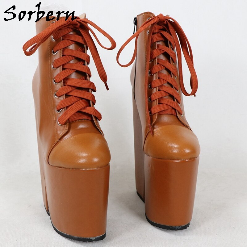 Sorbern Block Heel Ankle Boots Brown Thick Platform Shoe Lace Up Ankle High Booties Unisex 20Cm Gothic Trendy Shoes Customized
