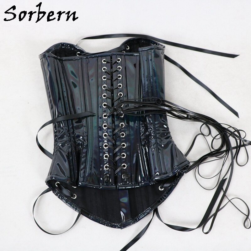 Sorbern Black Laser Women Corset Sexy Fetish U-Shaped Cup Support Breast Steel Bustiers With Corset Lace Up Back Hourglass