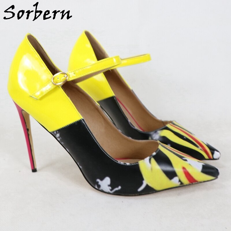 Sorbern Plus Size 46 High Heel Pump Women Shoes Mary Janes Ladies Stiletto Pointed Toe Print Flames Multi Colors