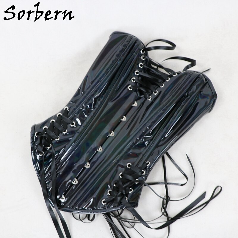 Sorbern Black Laser Women Corset Sexy Fetish U-Shaped Cup Support Breast Steel Bustiers With Corset Lace Up Back Hourglass