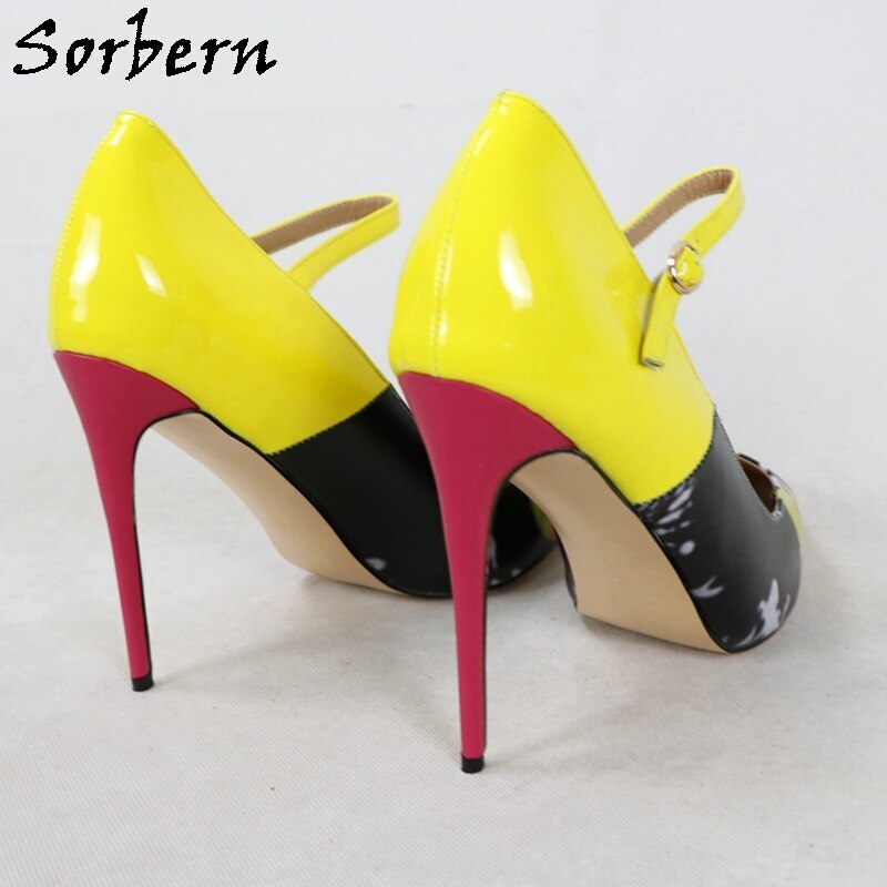 Sorbern Plus Size 46 High Heel Pump Women Shoes Mary Janes Ladies Stiletto Pointed Toe Print Flames Multi Colors