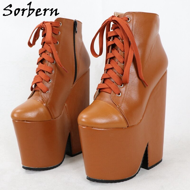 Sorbern Block Heel Ankle Boots Brown Thick Platform Shoe Lace Up Ankle High Booties Unisex 20Cm Gothic Trendy Shoes Customized