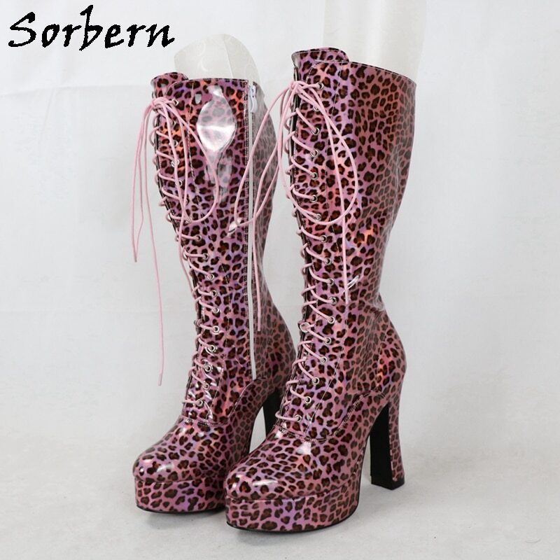 Sorbern Sexy Block Heel Knee High Boots Women Lace Up Platform Shoes Holo Leopard Ladies Boot Customized Slim Fit Widefit Legs