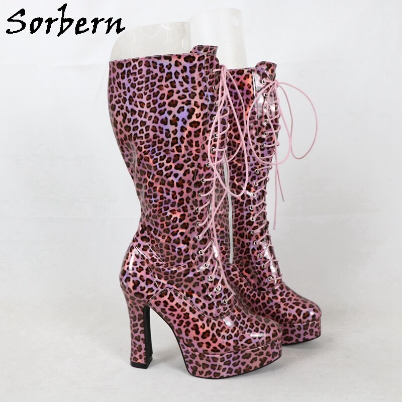 Sorbern Sexy Block Heel Knee High Boots Women Lace Up Platform Shoes Holo Leopard Ladies Boot Customized Slim Fit Widefit Legs
