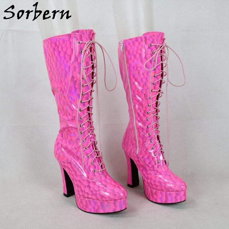 Sorbern Hot Pink Patent Women Boots Patent Leather Block High Heels Platform Shoes Lace Up Chunky Heeled Designer Shoes Custom