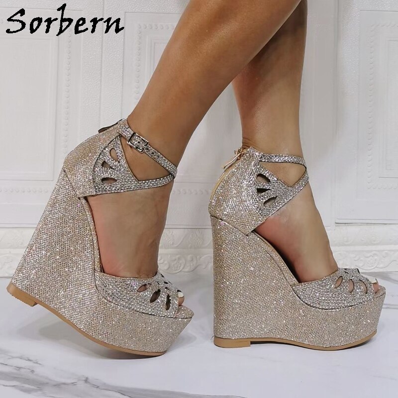 Sorbern Crystal Sparking Wedge Sandals Ankle Strap Open Toe High Heel Platform Shoe Summer Style Shoes For Women
