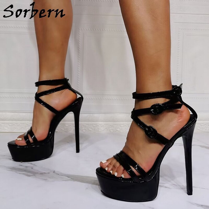Sorbern Blue Women Sandals Wide Ankle Strap High Heel Summer Shoe Stilettos Platform Summer Shoes Open Toe Heels Women 2021
